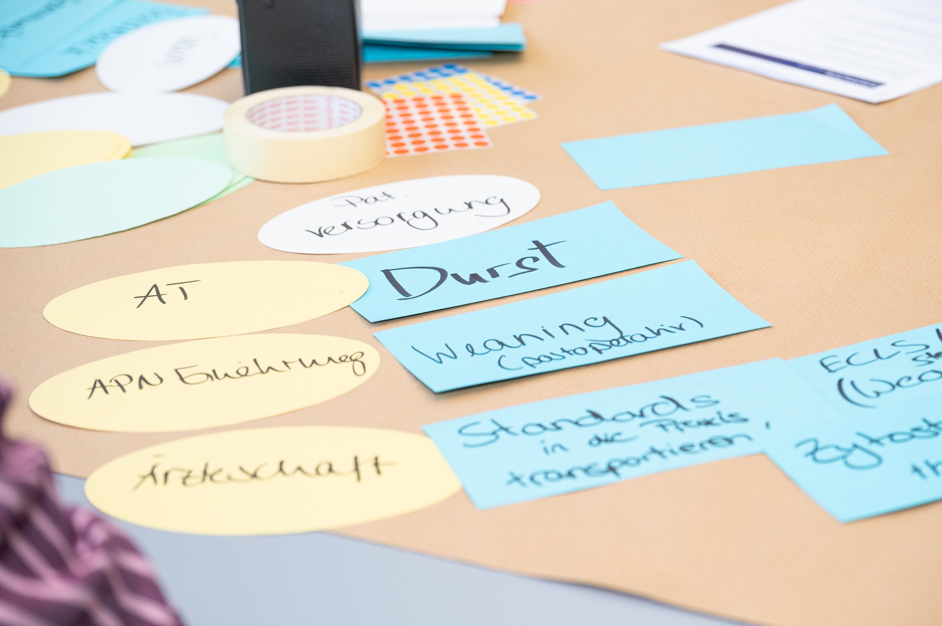 UKM Magnet ICUnetwork | Auf einem Tisch liegen gelbe und blaue Zettel mit Worten wie "Durst" draufgeschrieben.