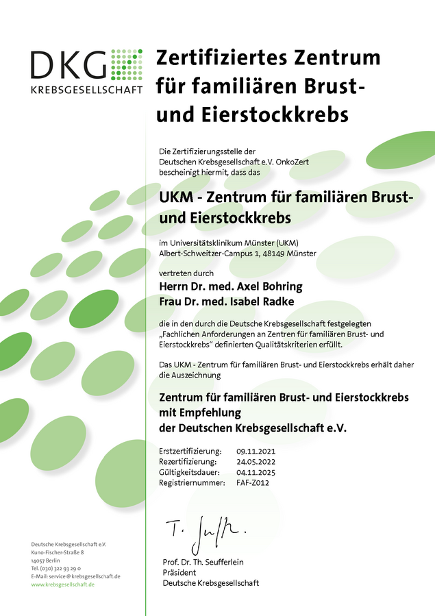 UKM Zentrum Familiärer Brust- und Eierstockkrebs | DKG-Zertifizierung