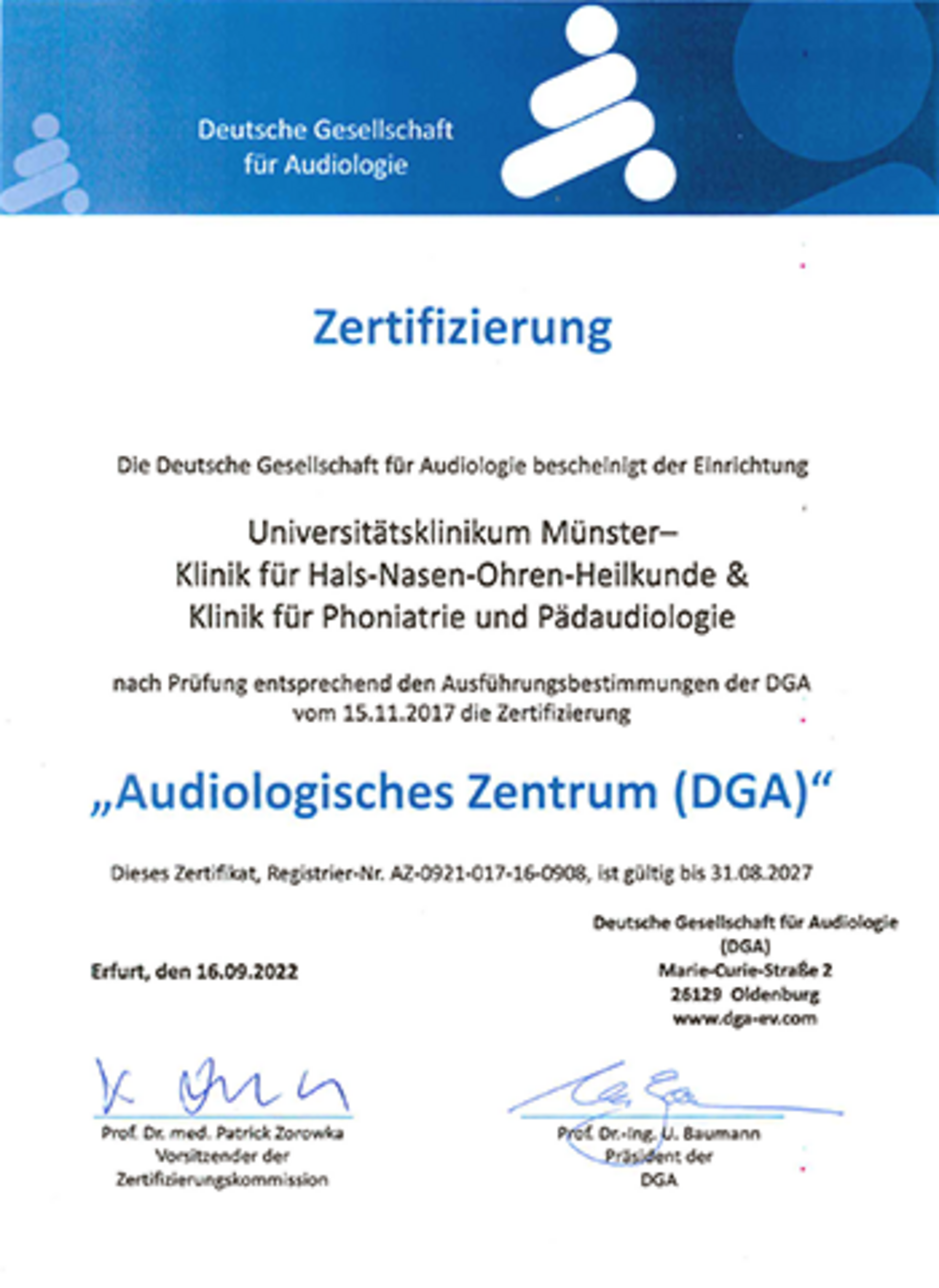 UKM HNO | Zertifizierung Audiologisches Zentrum
